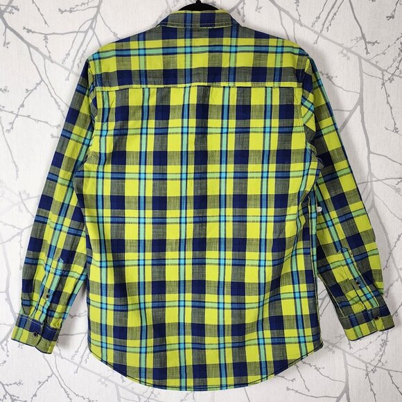 Pepe Jeans Highlighter Green Plaid 100% Cotton Button Front Shirt - Picture 2 of 4